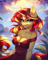Size: 2048x2560 | Tagged: suggestive, ai content, derpibooru import, generator:awpmixxl, machine learning generated, stable diffusion, sunset shimmer, anthro, unicorn, bare shoulders, bedroom eyes, big breasts, breasts, busty sunset shimmer, chest fluff, cleavage, clothes, dress, ear fluff, female, g4, heart, heart eyes, horn, image, jpeg, looking at you, outdoors, prompter:frostru, red dress, sexy, smiling, smiling at you, water, wingding eyes