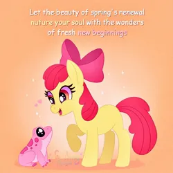 Size: 1500x1500 | Tagged: safe, artist:faelingmagic, derpibooru import, apple bloom, earth pony, frog, pony, female, filly, foal, gradient background, heart, image, jpeg, text
