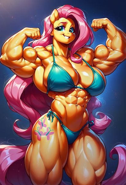Size: 832x1216 | Tagged: prompter needed, safe, ai content, derpibooru import, machine learning generated, fluttershy, anthro, pegasus, pony, abs, armpits, bicep flex, biceps, bodybuilder, breasts, busty fluttershy, clothes, female, flexing, green bikini, green swimsuit, image, looking at you, mare, muscles, muscleshy, muscular female, pecs, png, smiling, smiling at you, solo, starry background, swimsuit, thighs, thunder thighs, triceps, wingless, wingless anthro