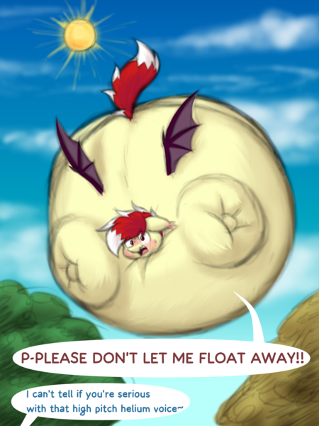Size: 3000x4000 | Tagged: suggestive, artist:aaatheballoon, derpibooru import, oc, oc:aaaaaaaaaaa, bat pony, belly, big belly, conversation, floating, flustered, freaking out, helium inflation, huge belly, image, impossibly large belly, inflation, png, sky, solo, speech bubble, teasing, text