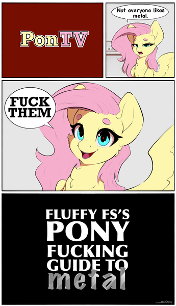 Size: 2300x4000 | Tagged: safe, artist:skitsniga, derpibooru import, fluttershy, pegasus, pony, beanbrows, bust, comic, dialogue, eyebrows, female, g4, high res, image, mare, metal, png, solo, speech bubble, spread legs, spreading, talking to viewer, vulgar