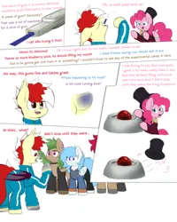 Size: 4000x5000 | Tagged: suggestive, artist:aaatheballoon, derpibooru import, pinkie pie, oc, oc:aaaaaaaaaaa, oc:coral streak, bat pony, earth pony, pegasus, comic:experimental gum, blueberry, blueberry inflation, food, group, gum, image, inflation, pegasus oc, png, text, tracksuit, turning blue, willy wonka, willy wonka and the chocolate factory, wings, worried, worried smile