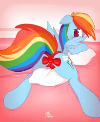 Size: 500x609 | Tagged: safe, artist:omi, banned from derpibooru, deleted from derpibooru, rainbow dash, pegasus, blushing, bow, female, holiday, image, pillow, png, solo, solo female, valentine's day, wingding eyes