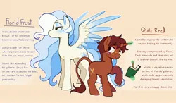 Size: 3776x2211 | Tagged: safe, artist:syrupyyy, derpibooru import, oc, oc:florid frost, oc:quill reed, unofficial characters only, pegasus, pony, unicorn, colored wings, colored wingtips, duo, freckles, glasses, horn, image, jpeg, leonine tail, magic, male, notebook, pencil, stallion, tail, telekinesis, wings, writing