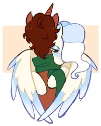 Size: 1559x1940 | Tagged: safe, artist:syrupyyy, derpibooru import, oc, oc:florid frost, oc:quill reed, unofficial characters only, pegasus, pony, unicorn, abstract background, clothes, colored wings, colored wingtips, duo, horn, hug, image, jpeg, male, scarf, stallion, wings