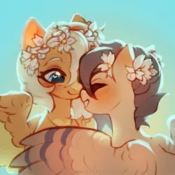 Size: 1981x1981 | Tagged: safe, artist:myscherri, derpibooru import, oc, unofficial characters only, pegasus, pony, blushing, duo, female, floral head wreath, flower, gradient background, image, jpeg, mare, oc x oc, shipping