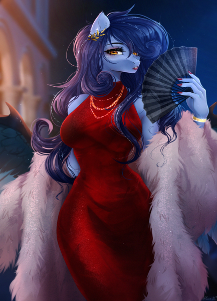 Size: 1300x1800 | Tagged: safe, artist:alicesmitt31, derpibooru import, oc, oc:tundra, unofficial characters only, anthro, big breasts, bracelet, breasts, clothes, dress, fan, female, hand fan, image, jewelry, laurel wreath, lidded eyes, looking at you, nail polish, necklace, open mouth, painted nails, png, solo, solo female, sparkles