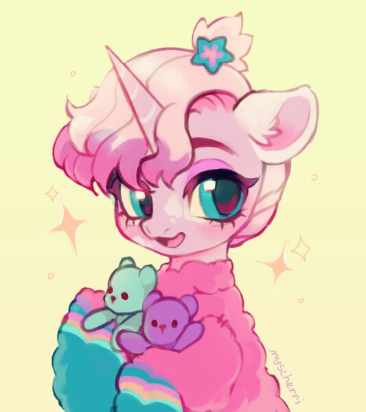 Size: 1081x1216 | Tagged: safe, artist:myscherri, derpibooru import, oc, unofficial characters only, pony, unicorn, clothes, facial markings, female, hair tie, horn, image, jpeg, mare, plushie, short hair, simple background, solo, sweater, teddy bear, yellow background