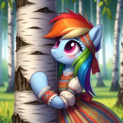 Size: 1024x1024 | Tagged: safe, ai content, derpibooru import, machine learning generated, rainbow dash, pegasus, pony, semi-anthro, birch tree, blushing, clothes, cyrillic, female, grass, image, jpeg, mare, russian, slavic, smiling, solo, tree