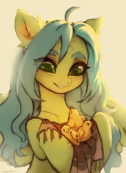 Size: 1636x2232 | Tagged: safe, artist:myscherri, derpibooru import, oc, oc:cloud-up, unofficial characters only, bird, chicken, pegasus, pony, blanket, chick, ear fluff, female, freckles, image, jpeg, mare, solo, spread wings, wings