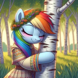 Size: 1024x1024 | Tagged: safe, ai content, derpibooru import, machine learning generated, rainbow dash, pegasus, pony, semi-anthro, birch tree, blushing, clothes, cyrillic, eyes closed, female, grass, hug, image, jpeg, mare, russian, slavic, solo, tree