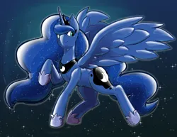 Size: 2184x1687 | Tagged: suggestive, artist:helixjack, edit, princess luna, alicorn, latex pony, original species, pony, rubber pony, blue background, crown, female, gradient background, image, jewelry, latex, latex skin, looking at you, mare, peytral, png, raised leg, regalia, rubber, seams, simple background, smiling, solo, spread wings, wings