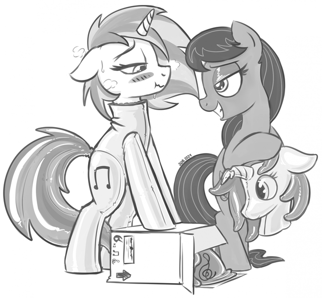 Size: 1993x1848 | Tagged: questionable, artist:superderpybot, edit, octavia melody, vinyl scratch, earth pony, pony, unicorn, bedroom eyes, bipedal, blushing, bondage, cardboard box, duo, encasement, female, floppy ears, grayscale, image, latex, latex suit, lesbian, looking at each other, mare, mask, masking, monochrome, png, seams, simple background, white background