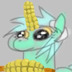 Size: 290x290 | Tagged: safe, artist:jargon scott, artist:neccanon, derpibooru import, edit, lyra heartstrings, pony, unicorn, bust, corn, cropped, female, food, gray background, horn, image, mare, numget, png, simple background, solo