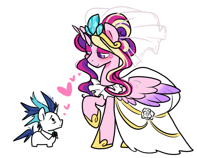 Size: 1250x1000 | Tagged: safe, artist:paperbagpony, derpibooru import, princess cadance, shining armor, alicorn, pony, unicorn, alternate hairstyle, blush lines, blushing, bowtie, clothes, dress, duo, duo male and female, female, floating heart, heart, height difference, horn, horn ring, image, jewelry, looking at each other, looking at someone, male, mare, meme, messy mane, missing cutie mark, png, ring, ship:shiningcadance, shipping, simple background, smiling, smiling at each other, squatpony, stallion, straight, the bride and the ugly ass groom, tiara, veil, wedding dress, wedding veil, white background