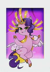 Size: 971x1413 | Tagged: safe, artist:disaterror, derpibooru import, pipp petals, pegasus, pony, g5, my little pony: tell your tale, adorapipp, cape, clothes, colored hooves, colored wings, costume, cute, eyebrows, eyebrows visible through hair, female, flying, grainy, gray background, green eyes, headdress, image, jpeg, lidded eyes, looking at you, mare, nightmare night costume, passepartout, pink coat, purple mane, purple tail, raised hoof, raised hooves, short mane, signature, simple background, smiling, smiling at you, solo, spread wings, tail, two toned mane, two toned tail, unshorn fetlocks, wavy mane, wavy tail, wings