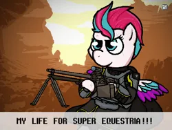 Size: 1440x1080 | Tagged: safe, artist:sluttershy, derpibooru import, zipp storm, pegasus, pony, banned from equestria daily, g5, armor, female, gun, helldivers, helldivers 2, image, machine gun, mare, png, solo, text, video game crossover, weapon