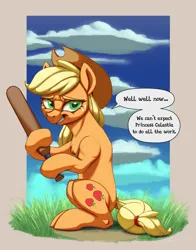 Size: 1650x2100 | Tagged: safe, artist:silverhopexiii, derpibooru import, applejack, earth pony, pony, baseball bat, dialogue, female, g4, grin, hoof hold, image, lidded eyes, mare, meme, nature, passepartout, png, sitting, smiling, solo, speech bubble, we can't expect god to do all the work