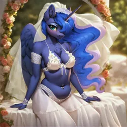 Size: 5376x5376 | Tagged: suggestive, ai content, derpibooru import, machine learning generated, stable diffusion, princess luna, alicorn, anthro, beautiful, belly button, belly piercing, beneath clothes, big breasts, breasts, bridal lingerie, chubby, clothes, dress, ethereal mane, female, g4, generator:pony diffusion v6 xl, generator:purplesmart.ai, hand in underwear, image, jpeg, legs together, lingerie, looking at you, nervous, panties, piercing, prompter:anonynmi, smiling, solo, underwear, wedding dress, wedding night, wings