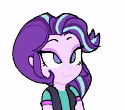 Size: 408x360 | Tagged: safe, artist:disaterror, derpibooru import, starlight glimmer, equestria girls, alternate hairstyle, bust, clothes, eyelashes, female, g4, image, jpeg, lidded eyes, multicolored hair, pink skin, purple eyes, purple hair, shirt, simple background, smiling, solo, white background