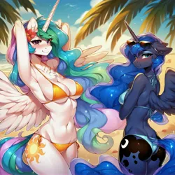 Size: 5376x5376 | Tagged: suggestive, ai content, derpibooru import, machine learning generated, princess celestia, princess luna, alicorn, anthro, arm behind head, beautiful, belly button, bikini, blushing, butt, clothes, crossed arms, duo, duo female, female, g4, horn, image, jpeg, moonbutt, nudity, prompter:anonynmi, shoulder fluff, shy, summer, sunbutt, sunglasses, swimsuit, vulva