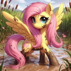 Size: 1074x1074 | Tagged: safe, ai content, anonymous prompter, derpibooru import, machine learning generated, fluttershy, pegasus, pony, alternate cutie mark, cute, female, g4, generator:bing image creator, generator:dall-e 3, image, jpeg, mare, mud, muddy, shyabetes, solo, spread wings, wings, wrong cutie mark