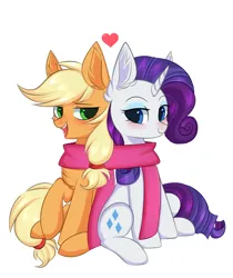 Size: 2310x2751 | Tagged: safe, artist:pesty_skillengton, derpibooru import, applejack, rarity, earth pony, pony, unicorn, blushing, chest fluff, clothes, commission, commissioner:raritybro, duo, duo female, eyebrows, eyeshadow, female, freckles, g4, hatless, heart, high res, horn, image, lesbian, looking at each other, looking at someone, makeup, mare, missing accessory, open mouth, open smile, png, rarijack, scarf, shared clothing, shared scarf, shipping, simple background, sitting, smiling, smiling at each other, white background