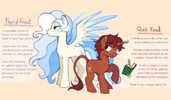 Size: 3776x2211 | Tagged: safe, artist:syrupyyy, derpibooru import, oc, oc:florid frost, oc:quill reed, unofficial characters only, pegasus, pony, unicorn, colored wings, colored wingtips, duo, duo male, freckles, gay, glasses, height difference, high res, horn, image, leonine tail, levitation, lidded eyes, magic, male, notebook, oc x oc, pencil, png, round glasses, shipping, simple background, spread wings, stallion, tail, telekinesis, text, wings, writing, yellow background