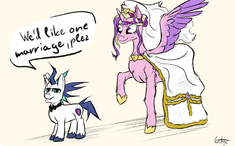 Size: 1459x909 | Tagged: safe, artist:gotyx96, derpibooru import, princess cadance, shining armor, alicorn, pony, unicorn, g4, horn, image, marriage, meme, png, simple background, size difference, the bride and the ugly ass groom