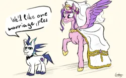 Size: 1459x909 | Tagged: safe, artist:gotyx96, derpibooru import, princess cadance, shining armor, alicorn, pony, unicorn, g4, horn, image, marriage, meme, png, simple background, size difference, the bride and the ugly ass groom