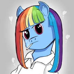 Size: 1000x1000 | Tagged: safe, artist:mano_m, derpibooru import, rainbow dash, pegasus, pony, abstract background, alternate hairstyle, bust, cigarette, clothes, ear fluff, image, missing wing, png, shirt, simple background, skinhead