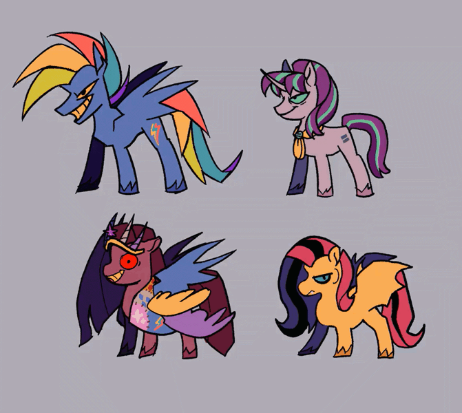 Size: 1152x1030 | Tagged: safe, artist:disaterror, derpibooru import, fluttershy, pinkie pie, rainbow dash, starlight glimmer, bat pony, earth pony, pegasus, pony, unicorn, fanfic:cupcakes, secrets and pies, alternate color palette, animated, bags under eyes, bat ponified, blue sclera, bouncing, broken horn, clothes, colored hooves, colored sclera, colored teeth, concave belly, countershading, crown, cutie mark dress, dress, element of magic, equal cutie mark, equality, evil grin, evil pie hater dash, evil rainbow dash, evil starlight, fake wings, fangs, female, fit, flutterbat, g4, gif, gray background, grin, group, height difference, horn, image, jewelry, long mane, long tail, loop, mare, mohawk, multicolored hair, multicolored mane, multicolored tail, narrowed eyes, neckerchief, physique difference, pink coat, pinkamena diane pie, ponytail, quarter, race swap, rainbow hair, rainbow tail, red sclera, regalia, s5 starlight, severed limb, severed wing, shrunken pupils, simple background, slender, smiling, smolshy, spread wings, tail, tallerdash, thin, tiara, two toned mane, two toned tail, unshorn fetlocks, wall of tags, wavy mane, wavy tail, wings, yellow sclera