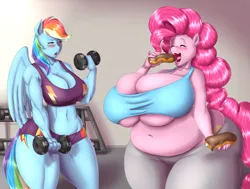 Size: 3000x2262 | Tagged: suggestive, artist:blues64, artist:marauder6272, derpibooru import, pinkie pie, rainbow dash, anthro, earth pony, pegasus, belly, big belly, big breasts, blushing, body type, breasts, busty pinkie pie, busty rainbow dash, clothes, dumbbell (object), fat, female, females only, g4, huge breasts, image, muscles, muscular female, open mouth, png, pudgy pie, rainbuff dash, shorts, thighs, thunder thighs, underboob, weights, wide hips, workout, workout outfit