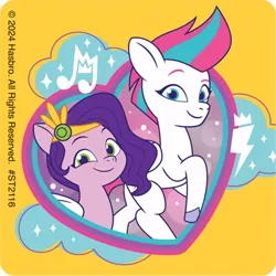Size: 700x700 | Tagged: safe, derpibooru import, official, pipp petals, zipp storm, pegasus, g5, my little pony: tell your tale, 2d, cloud, concave belly, cutie mark, female, fit, heart, image, jpeg, looking at you, merchandise, physique difference, pipp petals' cutie mark, raised hoof, royal sisters (g5), siblings, simple background, sisters, slender, smiling, smiling at you, sticker, thin, unshorn fetlocks, yellow background, zipp storm's cutie mark