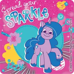 Size: 700x700 | Tagged: safe, derpibooru import, official, izzy moonbow, unicorn, g5, my little pony: tell your tale, 2d, flower, heart, horn, image, jpeg, looking at you, merchandise, pink background, simple background, slogan, smiling, smiling at you, standing, sticker