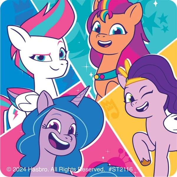 Size: 700x700 | Tagged: safe, derpibooru import, official, izzy moonbow, pipp petals, sunny starscout, zipp storm, earth pony, pegasus, unicorn, g5, my little pony: tell your tale, 2d, cutie mark, horn, image, jpeg, looking at you, mane stripe sunny, merchandise, one eye closed, smiling, smiling at you, standing, sticker, wink, winking at you