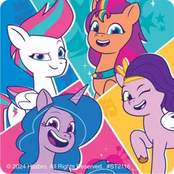 Size: 700x700 | Tagged: safe, derpibooru import, official, izzy moonbow, pipp petals, sunny starscout, zipp storm, earth pony, pegasus, unicorn, g5, my little pony: tell your tale, 2d, cutie mark, horn, image, jpeg, looking at you, mane stripe sunny, merchandise, one eye closed, smiling, smiling at you, standing, sticker, wink, winking at you