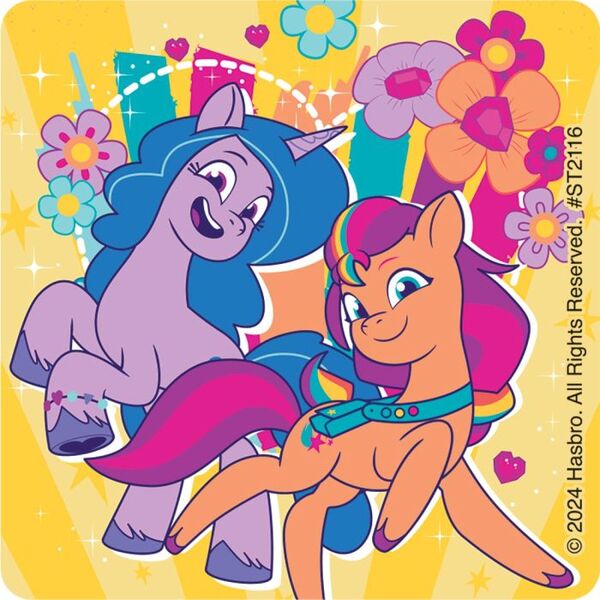 Size: 700x700 | Tagged: safe, derpibooru import, official, izzy moonbow, sunny starscout, earth pony, unicorn, g5, my little pony: tell your tale, 2d, flower, heart, horn, image, jpeg, looking at you, merchandise, raised hoof, simple background, smiling, smiling at you, sticker, yellow background