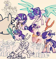 Size: 1749x1866 | Tagged: semi-grimdark, artist:disaterror, derpibooru import, starlight glimmer, alicorn, pony, unicorn, alicornified, alternate eye color, artificial alicorn, artificial wings, augmented, bags under eyes, beating, bipedal, blank eyes, blue eyes, chibi, colored hooves, colored sketch, equal cutie mark, equality, evil smirk, evil starlight, eye clipping through hair, eyebrows, eyebrows visible through hair, female, frown, g4, glow, glowing horn, group, hoof hold, horn, image, jpeg, large wings, long horn, long mane, long tail, magic, magic wings, mare, multicolored mane, narrowed eyes, neckerchief, open mouth, pink coat, ponytail, purple mane, purple tail, race swap, raised hoof, rope, s5 starlight, shrunken pupils, simple background, sketch, sketch dump, smiling, smirk, solo focus, spread wings, staff, staff of sameness, standing, starlicorn, starlight glimmer is not amused, tail, telekinesis, unamused, unshorn fetlocks, violence, white eyes, wide stance, wind, windswept mane, wings, xk-class end-of-the-world scenario, yellow background