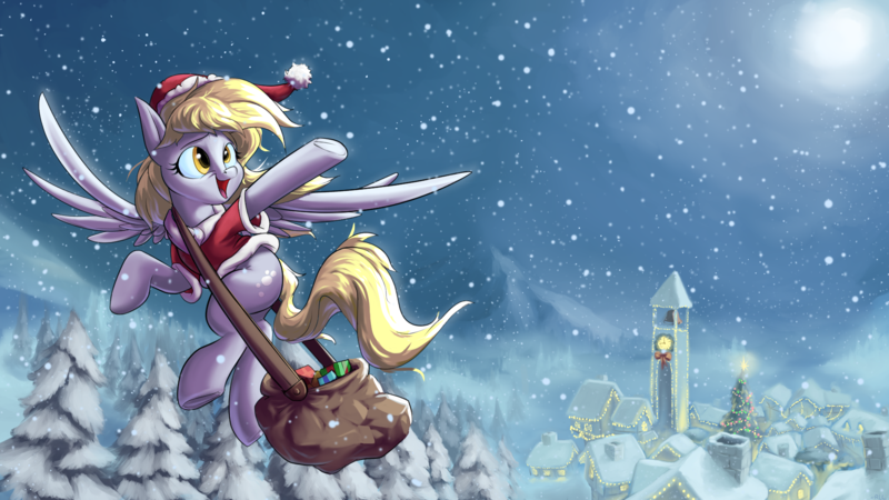 Size: 1920x1080 | Tagged: safe, artist:rocket-lawnchair, derpibooru import, derpy hooves, pegasus, pony, bag, christmas, clock tower, clothes, costume, cute, derpabetes, detailed background, female, flying, g4, hat, hearth's warming eve, holiday, image, mailbag, mare, moon, night, night sky, open mouth, open smile, outdoors, png, santa costume, santa hat, scenery, sky, smiling, snow, snowfall, solo, spread wings, tree, wings, winter