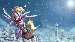 Size: 1920x1080 | Tagged: safe, artist:rocket-lawnchair, derpibooru import, derpy hooves, pegasus, pony, bag, christmas, clock tower, clothes, costume, cute, derpabetes, female, flying, g4, hat, holiday, image, mare, moon, night, night sky, open mouth, open smile, outdoors, png, santa costume, santa hat, scenery, sky, smiling, snow, snowfall, solo, spread wings, tree, wings, winter