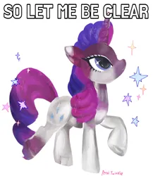 Size: 1780x2047 | Tagged: safe, artist:petaltwinkle, derpibooru import, rarity, crystal pony, pony, unicorn, alternate mane color, blue eyes, caption, clothes, crystal unicorn, curly mane, curly tail, digital painting, eyeshadow, female, g4, horn, image, jpeg, lidded eyes, makeup, mare, meme, pun, raised hoof, ringlets, see-through, signature, simple background, smiling, solo, sparkles, sparkly eyes, standing, stars, tail, text, toy interpretation, transparent horn, two toned mane, two toned tail, unicorn horn, visual pun, white background, wingding eyes