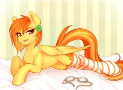 Size: 3300x2400 | Tagged: safe, artist:nightcreepx, artist:spittfireart, derpibooru import, spitfire, pegasus, pony, :p, bed, clothes, clover, concave belly, female, folded wings, four leaf clover, g4, high res, image, laying on bed, long legs, looking at you, lying down, mare, on bed, png, slender, socks, solo, striped socks, thin, tongue out, wings