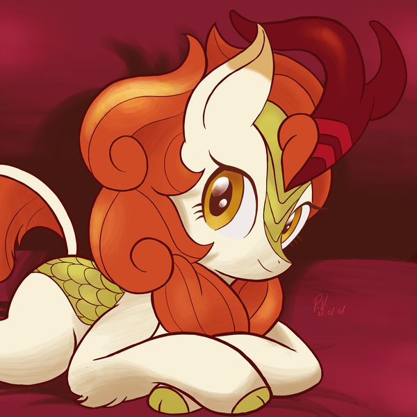 Size: 3300x3300 | Tagged: safe, artist:theratedrshimmer, derpibooru import, autumn blaze, kirin, awwtumn blaze, cloven hooves, cute, female, g4, high res, horn, image, kirinbetes, looking at you, lying down, png, prone, smiling, smiling at you, solo, tail, unshorn fetlocks