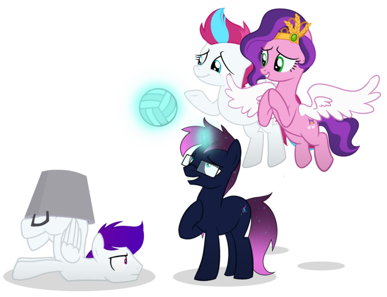 Size: 3600x2768 | Tagged: safe, artist:ramixe dash, derpibooru import, pipp petals, zipp storm, oc, oc:osiris eclipse, oc:ramixe dash, pegasus, pony, unicorn, g5, ball, bucket, colored wings, female, g4, g5 to g4, generation leap, glasses, glow, glowing horn, horn, image, male, mare, png, royal sisters (g5), siblings, simple background, sisters, stallion, text, transparent background, watermark, wings