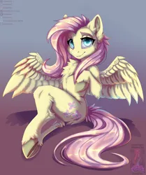 Size: 4020x4800 | Tagged: safe, artist:froxifox, derpibooru import, fluttershy, pegasus, semi-anthro, absurd resolution, chest fluff, female, gradient background, image, looking at you, png, sitting, smiling, smiling at you, solo, unshorn fetlocks