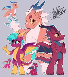 Size: 2300x2600 | Tagged: safe, artist:disaterror, derpibooru import, dragon, g5, my little pony: tell your tale, arm freckles, bipedal, blaize skysong, body freckles, colored belly, colored claws, colored eyebrows, colored sclera, colored wings, crossed arms, cute, cute little fangs, fangs, female, freckles, frills, hand on hip, height difference, image, jpeg, lava (g5), leg freckles, male, multicolored wings, pale belly, scales, signature, size difference, smiling, spread wings, teal hair, trio, tumble (g5), two toned hair, two toned wings, wings, yellow sclera