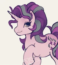 Size: 1121x1250 | Tagged: safe, artist:disaterror, derpibooru import, starlight glimmer, pony, unicorn, curly mane, curly tail, female, g4, gray background, horn, image, jpeg, lidded eyes, long description, looking up, mare, multicolored mane, multicolored tail, pink coat, purple eyes, purple mane, purple tail, raised hoof, signature, simple background, smiling, solo, standing, tail, unicorn horn