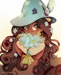 Size: 1370x1682 | Tagged: safe, artist:myscherri, derpibooru import, oc, unofficial characters only, earth pony, pony, bouquet, female, flower, flower in hair, freckles, glasses, hat, image, jpeg, mare, round glasses, simple background, solo, white background, witch hat