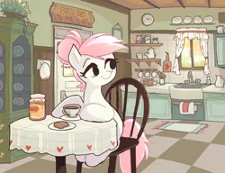 Size: 2560x1968 | Tagged: artist needed, source needed, safe, artist:syrupyyy, derpibooru import, nurse redheart, earth pony, pony, female, food, g4, honey, image, kitchen, mare, morning ponies, png, sitting, solo, table, window